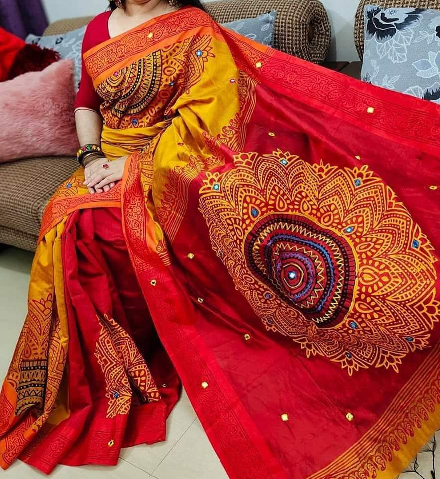 হ্যান্ডপ্রিন্ট হাফসিল্ক শাড়ী