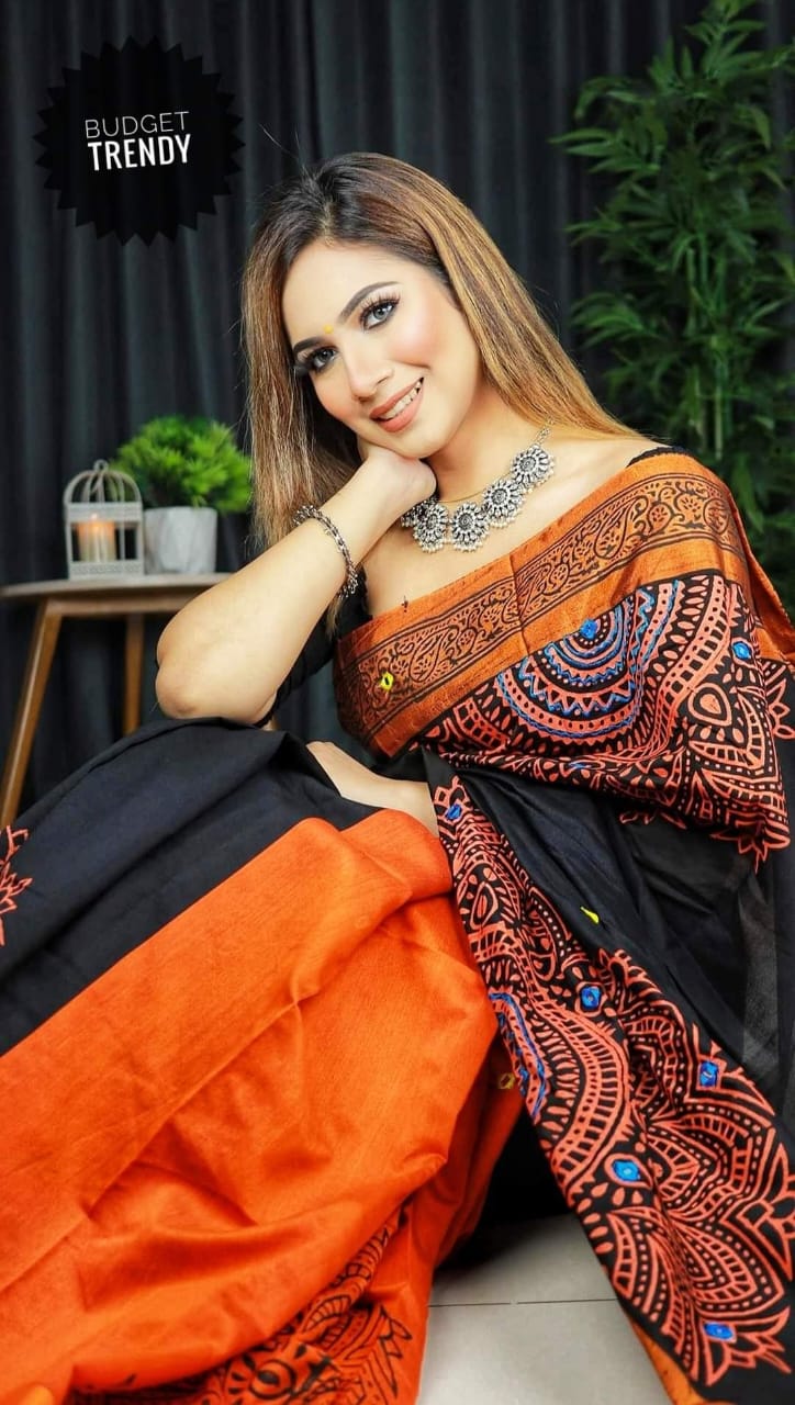 হ্যান্ডপ্রিন্ট হাফসিল্ক শাড়ী
