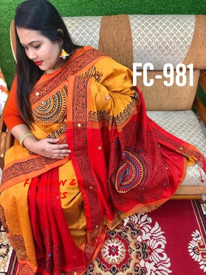 হ্যান্ডপ্রিন্ট হাফসিল্ক শাড়ী