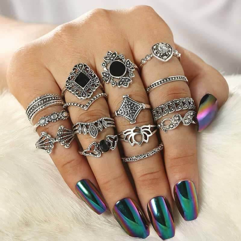 Rhinestone Inlay Bomian Style Women Ring (15pcs )