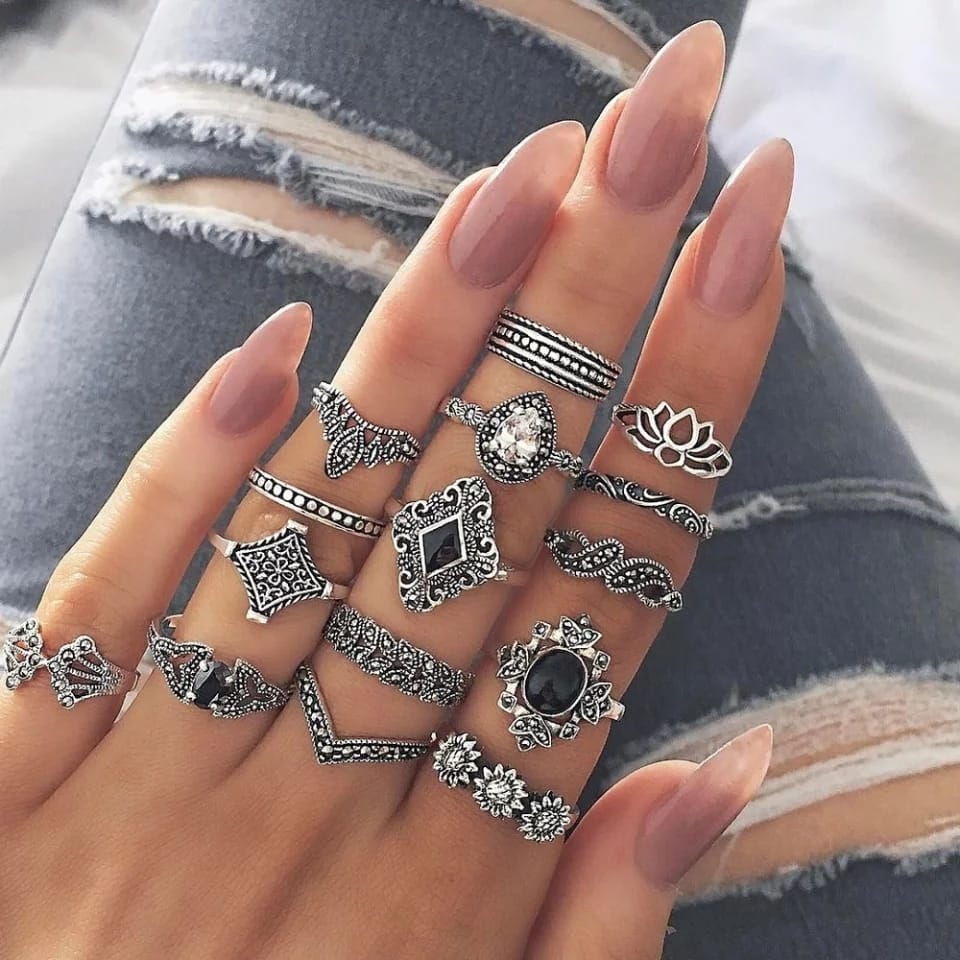 Rhinestone Inlay Bomian Style Women Ring (15pcs )