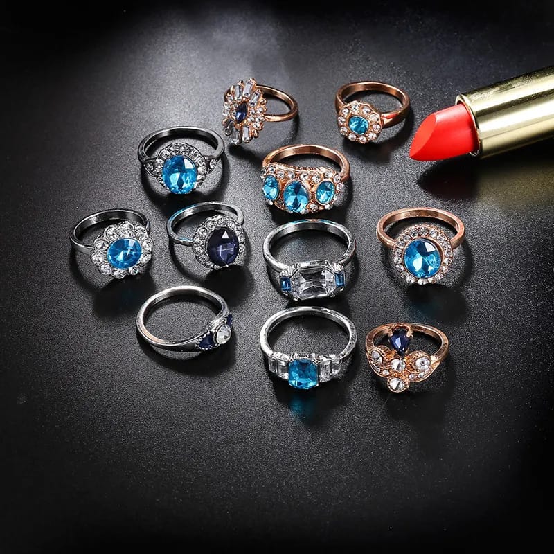 11Pcs Crystal Blue Diamond Cut Finger Ring Set