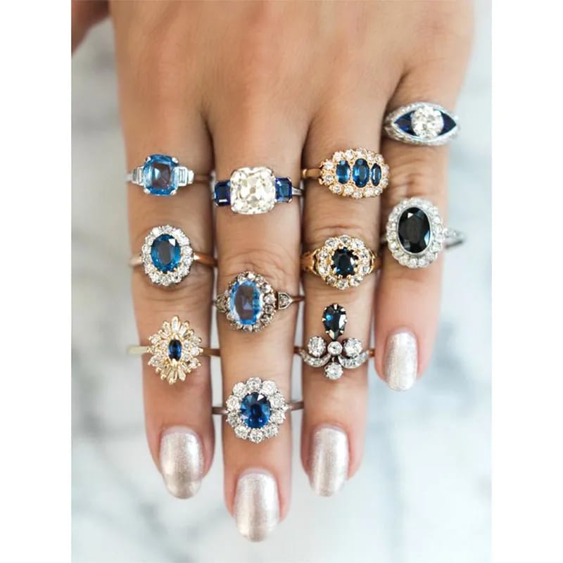 11Pcs Crystal Blue Diamond Cut Finger Ring Set