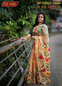 হাফসিল্ক শাড়ীতে  হ্যান্ডপ্রিন্ট তুলির কাজ করা