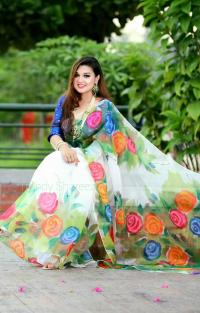 হাফসিল্ক শাড়ীতে  হ্যান্ডপ্রিন্ট তুলির কাজ করা