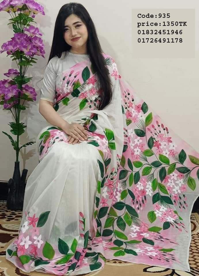 হাফসিল্ক শাড়ীতে  হ্যান্ডপ্রিন্ট তুলির কাজ করা