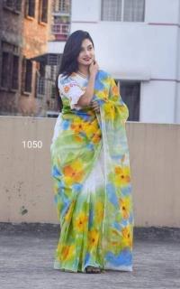 হাফসিল্ক শাড়ীতে হ্যান্ডপ্রিন্ট তুলির কাজ করা