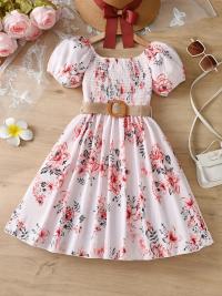 Flower Gown Elegant  Floral Fit Dress for Girls with Belt