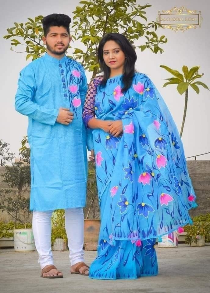 Hand Print Sharee Panjabi Couple Set