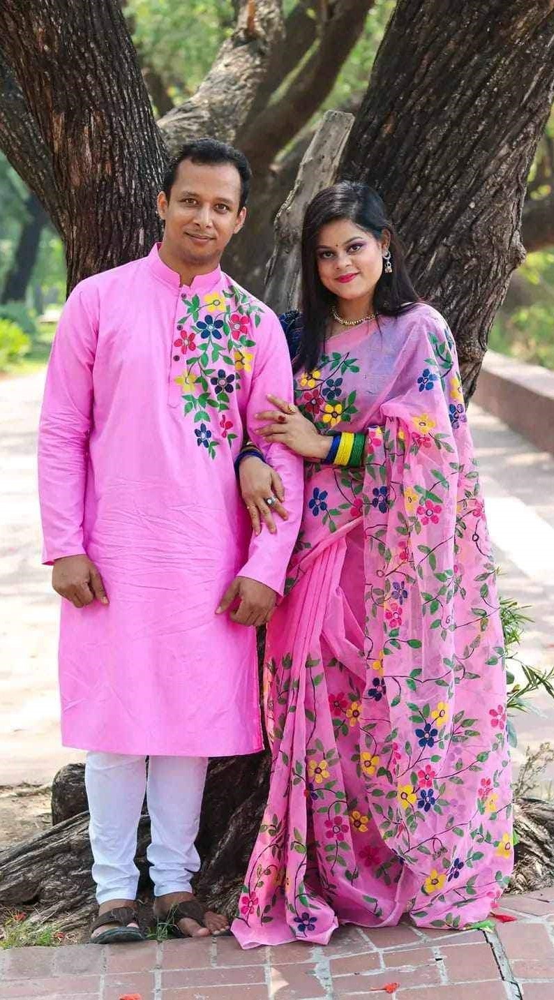 Hand Print Sharee Panjabi Couple Set