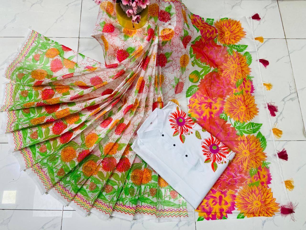 Half Silk Sharee and Cotton Panjabi Couple Set