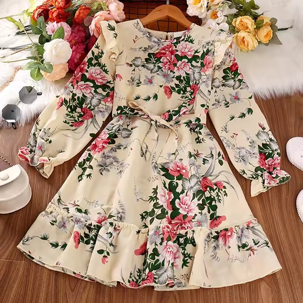 Flower Gown Elegant Floral Fit Dress for Girls with Belt