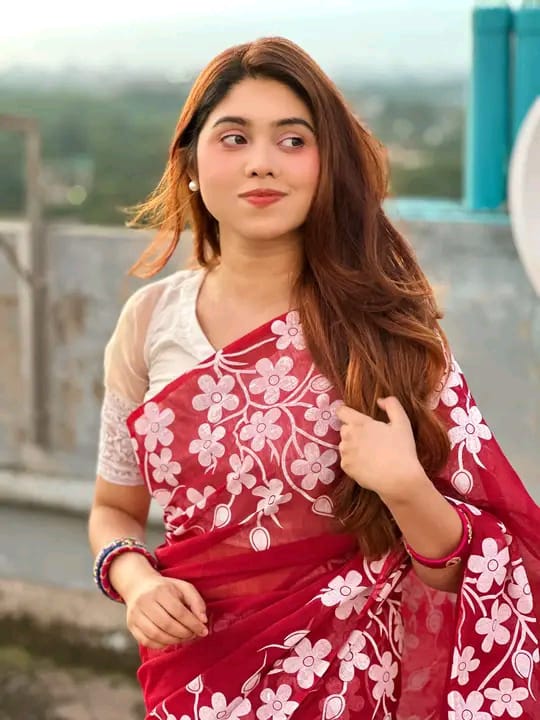Half silk block print sharee