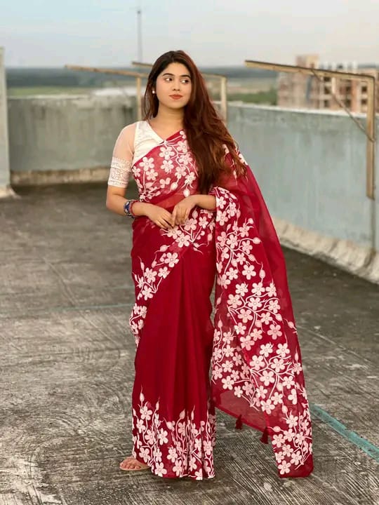 Half silk block print sharee