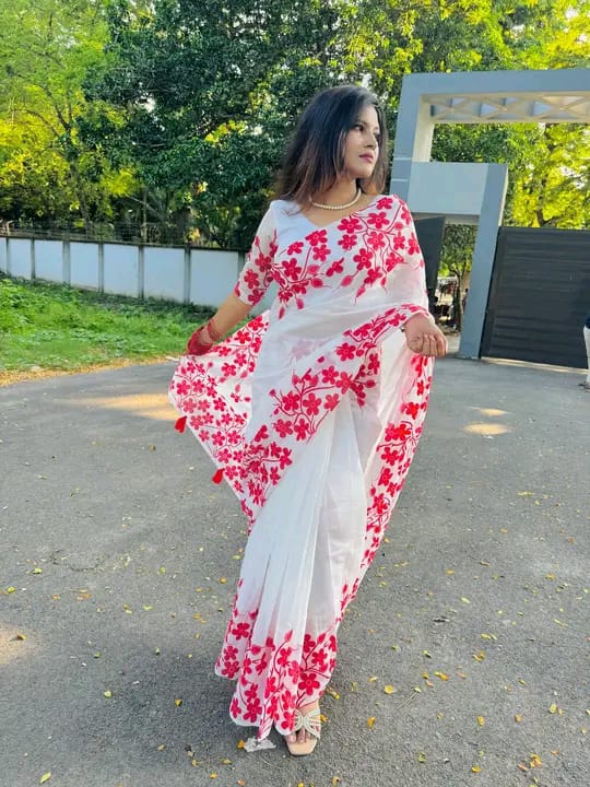 Half silk block print sharee