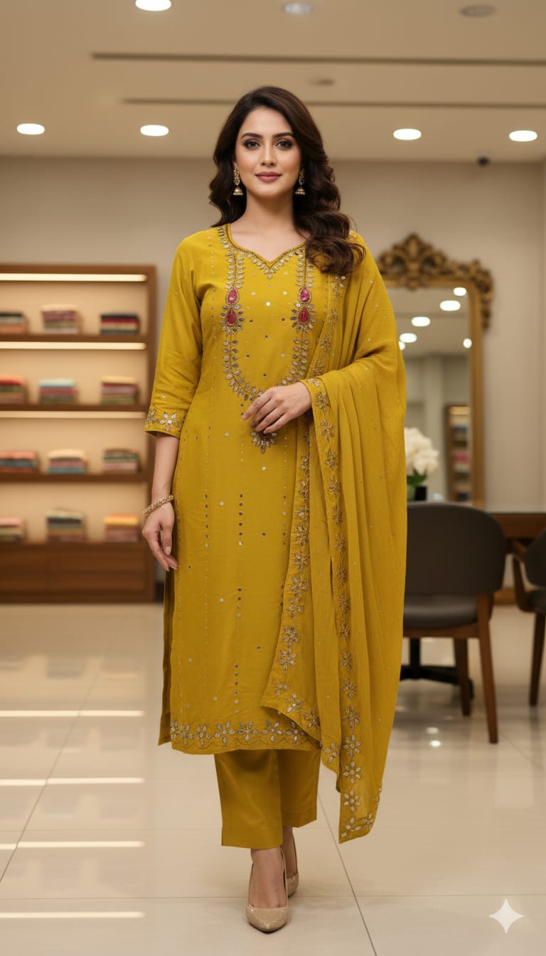 সম্পূর্ণ হাতের কাটচুপি কাজ করা এসি কটন থ্রি পিস | বাটার সিল্ক প্যান্ট ও স্টোন ওয়ার্ক শিফন ওড়না সহ | ফ্রি সাইজ