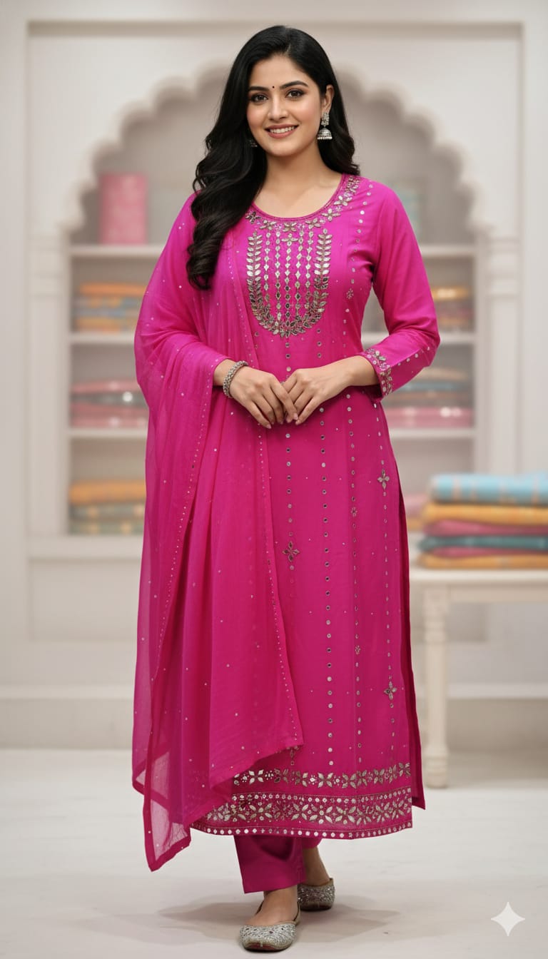 সম্পূর্ণ হাতের কাটচুপি কাজ করা এসি কটন থ্রি পিস | বাটার সিল্ক প্যান্ট ও স্টোন ওয়ার্ক শিফন ওড়না সহ | ফ্রি সাইজ