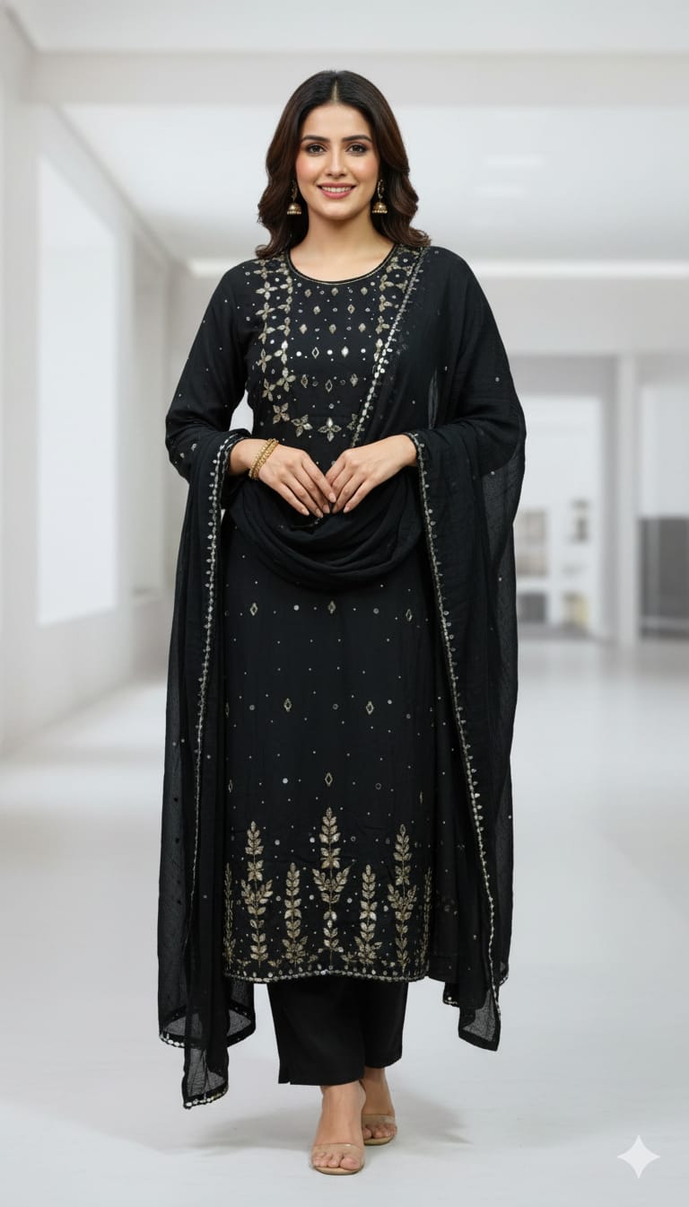 সম্পূর্ণ হাতের কাটচুপি কাজ করা এসি কটন থ্রি পিস | বাটার সিল্ক প্যান্ট ও স্টোন ওয়ার্ক শিফন ওড়না সহ | ফ্রি সাইজ