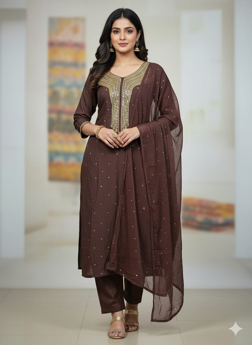 সম্পূর্ণ হাতের কাটচুপি কাজ করা এসি কটন থ্রি পিস | বাটার সিল্ক প্যান্ট ও স্টোন ওয়ার্ক শিফন ওড়না সহ | ফ্রি সাইজ