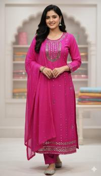 সম্পূর্ণ হাতের কাটচুপি কাজ করা এসি কটন থ্রি পিস | বাটার সিল্ক প্যান্ট ও স্টোন ওয়ার্ক শিফন ওড়না সহ | ফ্রি সাইজ