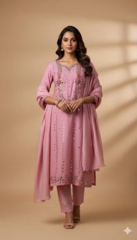 সম্পূর্ণ হাতের কাটচুপি কাজ করা এসি কটন থ্রি পিস | বাটার সিল্ক প্যান্ট ও স্টোন ওয়ার্ক শিফন ওড়না সহ | ফ্রি সাইজ