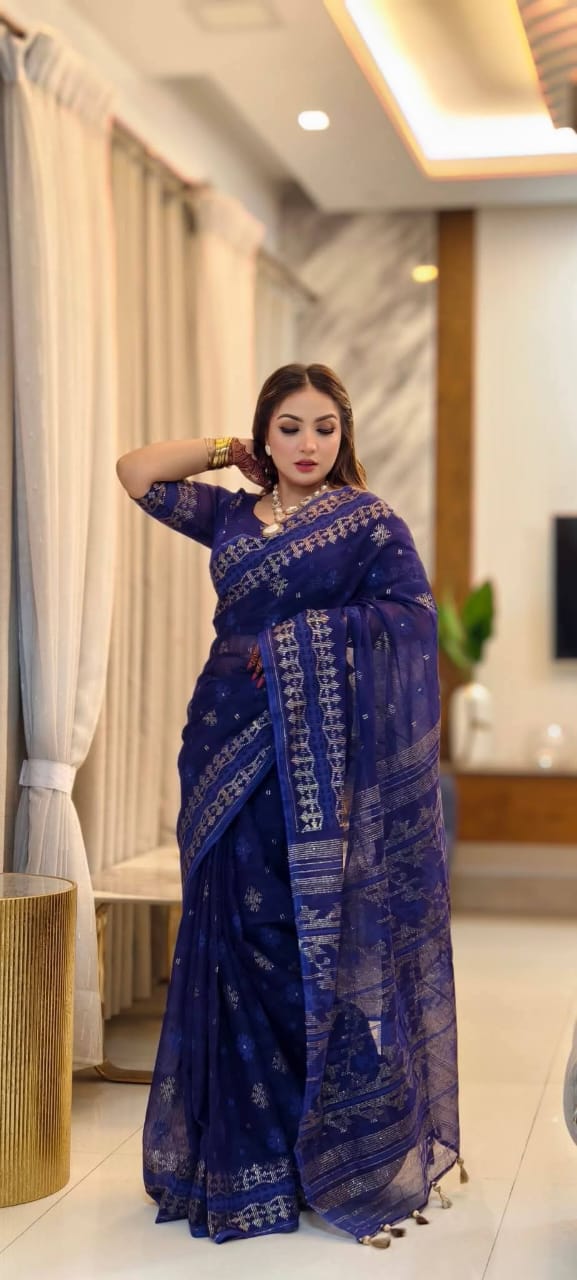 Half silk screen print saree with blause pcs