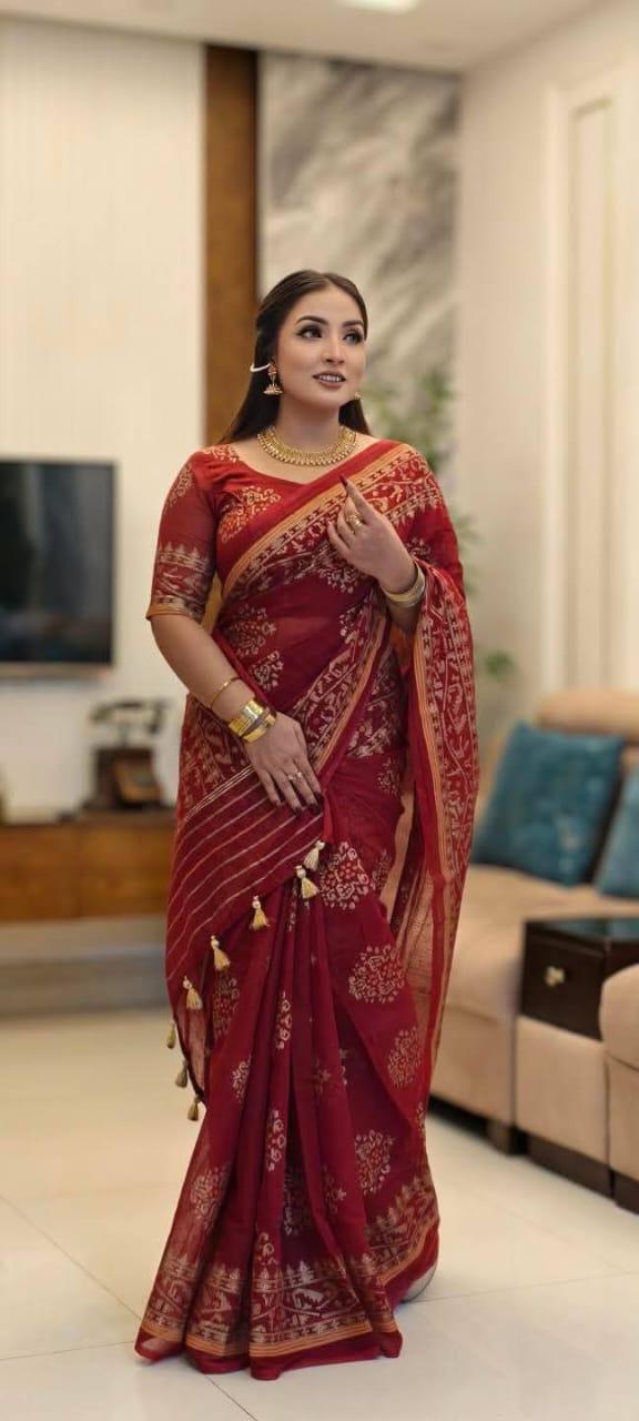 Half silk screen print saree with blause pcs