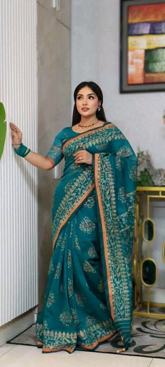 নান্দনিক হাফ সিল্ক স্ক্রিন প্রিন্ট শাড়ি | ঐতিহ্যবাহী ডিজাইন ও ম্যাচিং ব্লাউজ পিস সহ | ফেস্টিভ ও পার্টি ওয়্যার