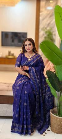 Half silk screen print saree with blause pcs