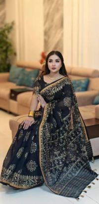 Half silk screen print saree with blause pcs