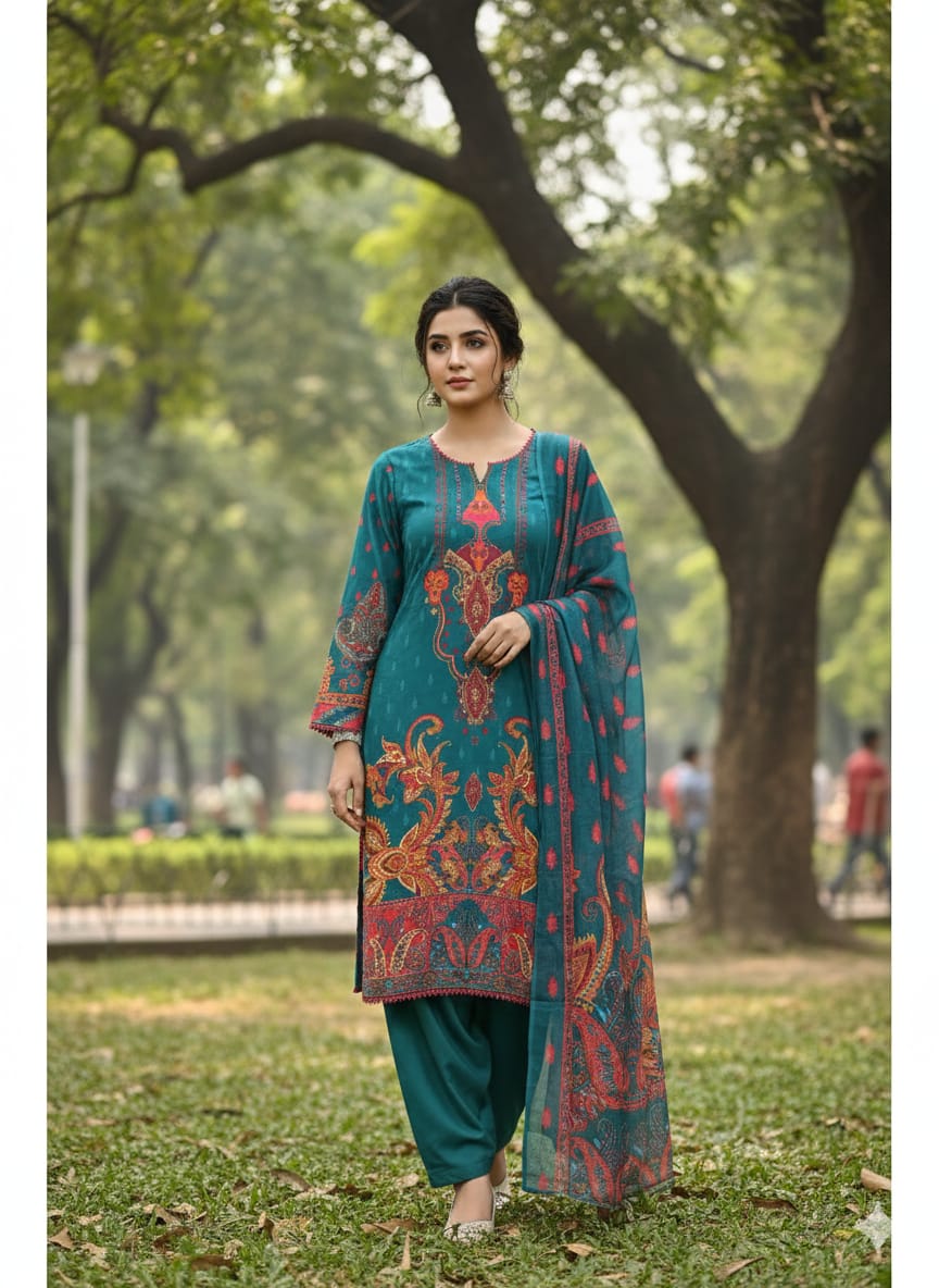 Ready Made Pure dubai silk  Digital  Print Three Piece