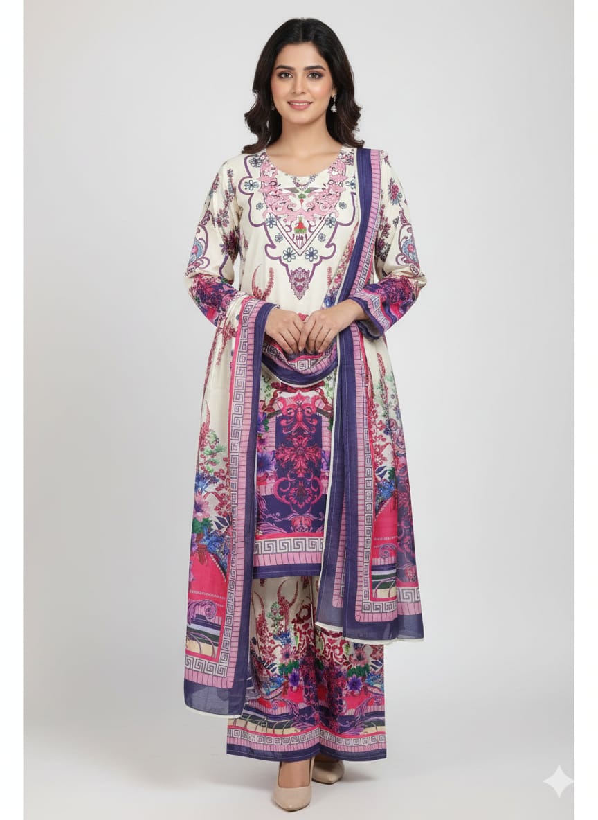 Ready Made Pure dubai silk  Digital  Print Three Piece