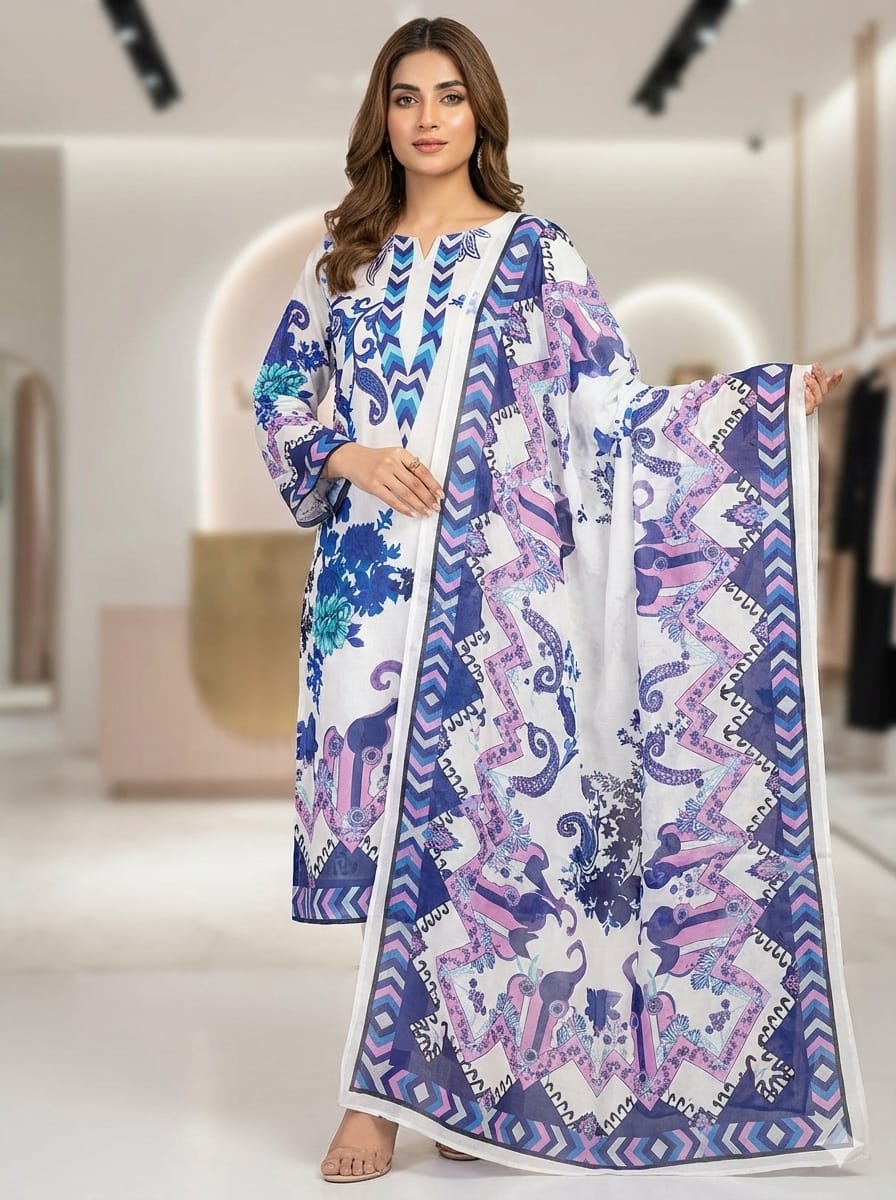 Ready Made Pure dubai silk  Digital  Print Three Piece