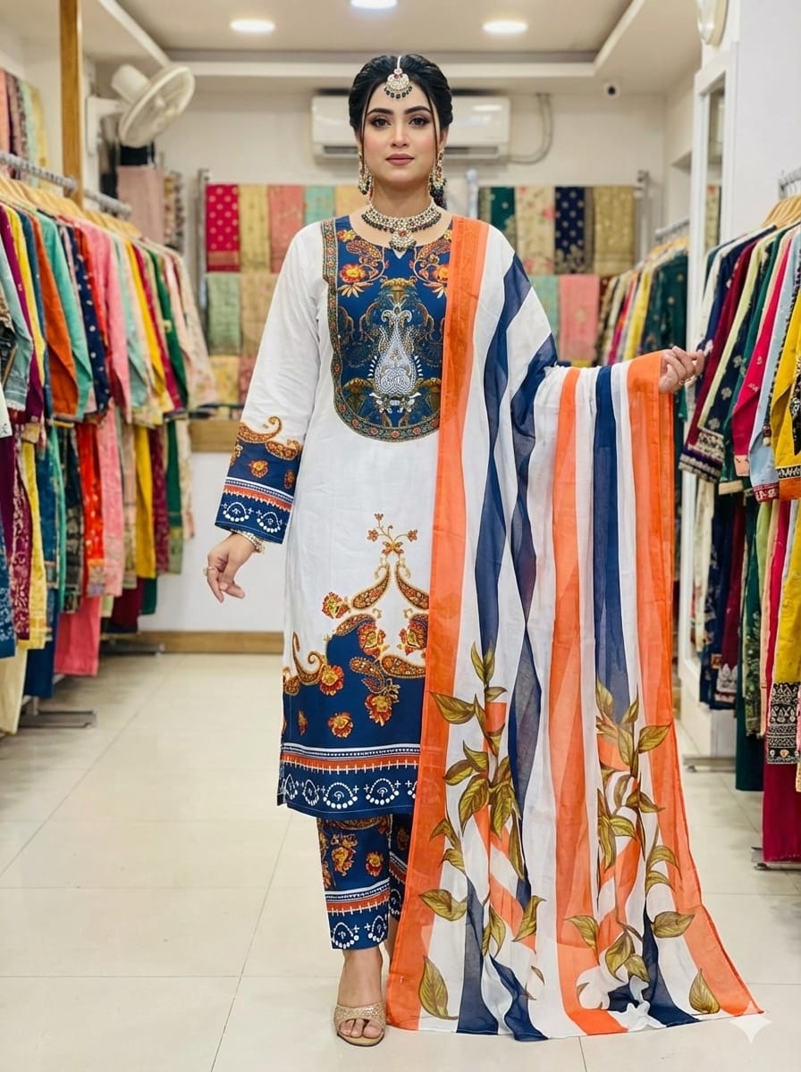 Ready Made Pure dubai silk Digital Print Three Piece 25736