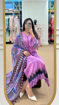 প্রিমিয়াম ডিজিটাল প্রিন্ট থ্রি-পিস | চায়না মাইক্রোস্টিচ ফেব্রিক | কামিজ, প্যান্ট ও জর্জেট ওড়না সেট | L, XL, XXL সাইজে