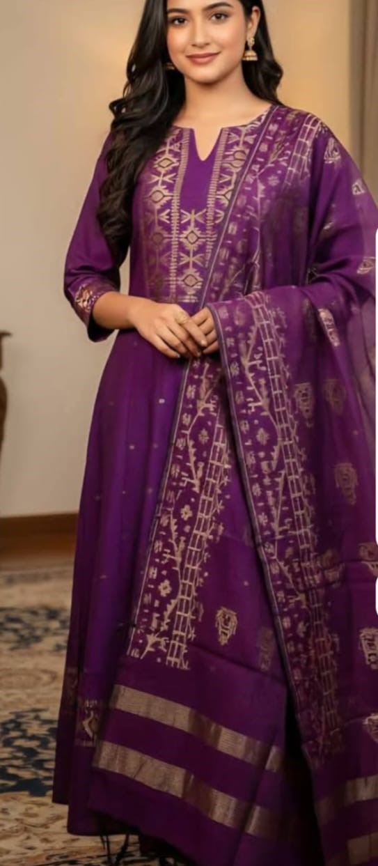 কটন স্ক্রিন ও ব্লক প্রিন্ট আনস্টিচড থ্রি-পিস কালেকশন