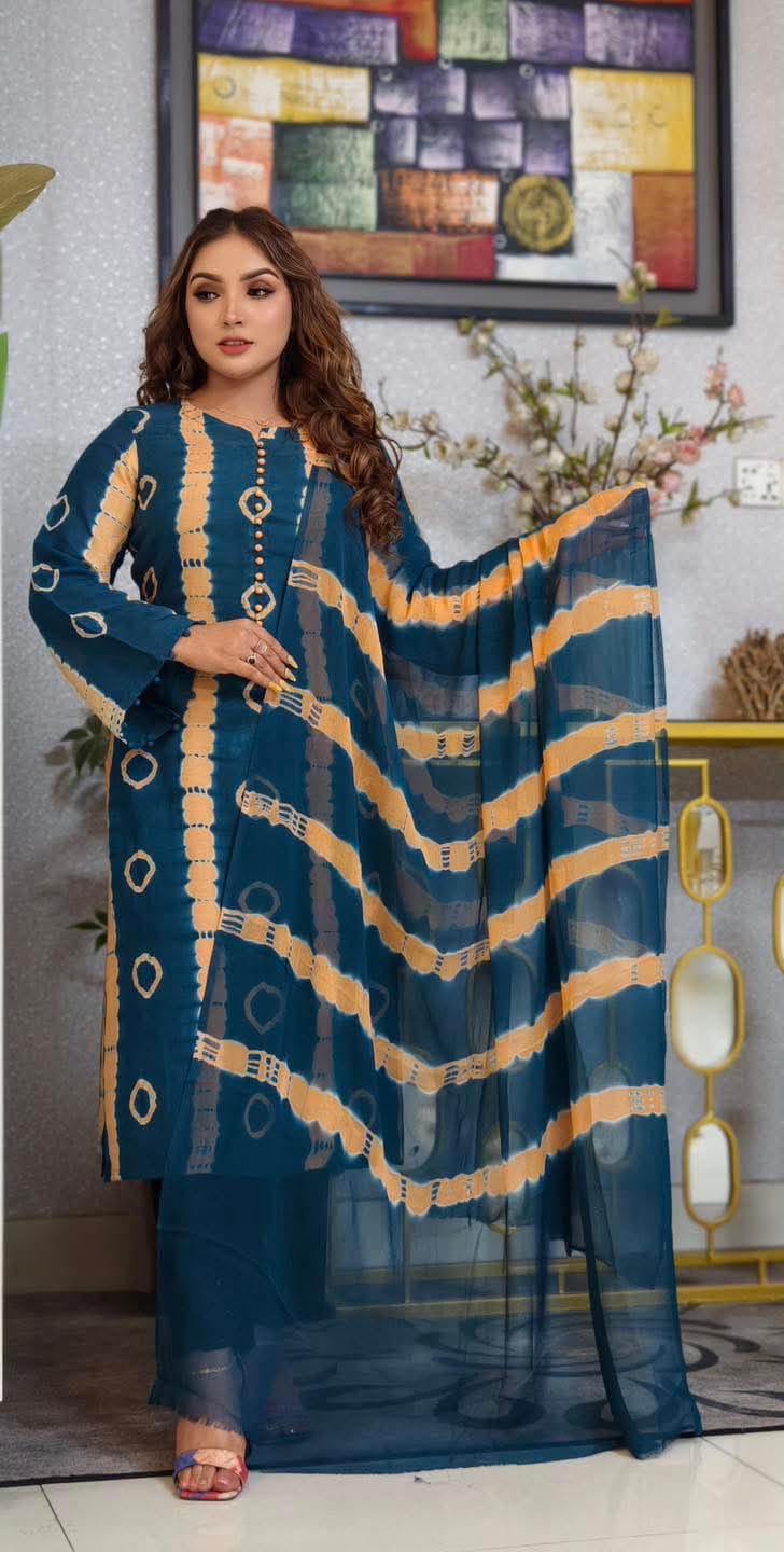 কটন স্ক্রিন ও ব্লক প্রিন্ট আনস্টিচড থ্রি-পিস কালেকশন