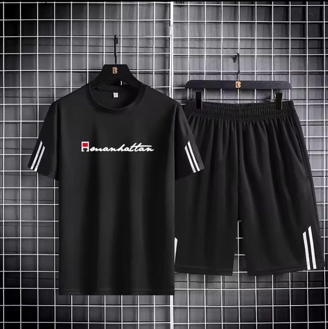 Black Manhattan 160 GSM Mesh T-Shirt & Short Pant Set | DR Fashion