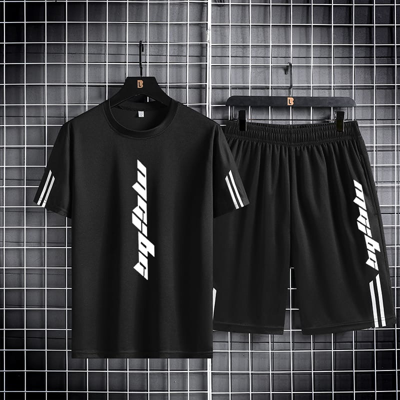 Black Manhattan 160 GSM Mesh T-Shirt & Short Pant Set | DR Fashion