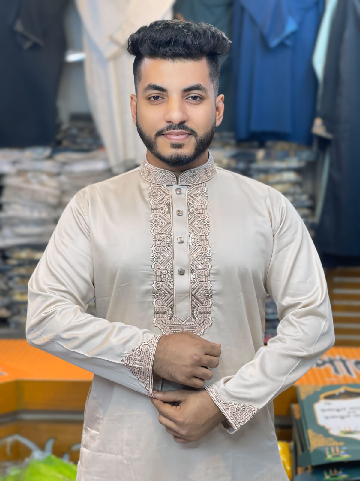 প্রিমিয়াম এমব্রয়ডারি সাটিন কটন পাঞ্জাবি - স্ন্যাপ বাটন ও মার্জিত ডিজাইন