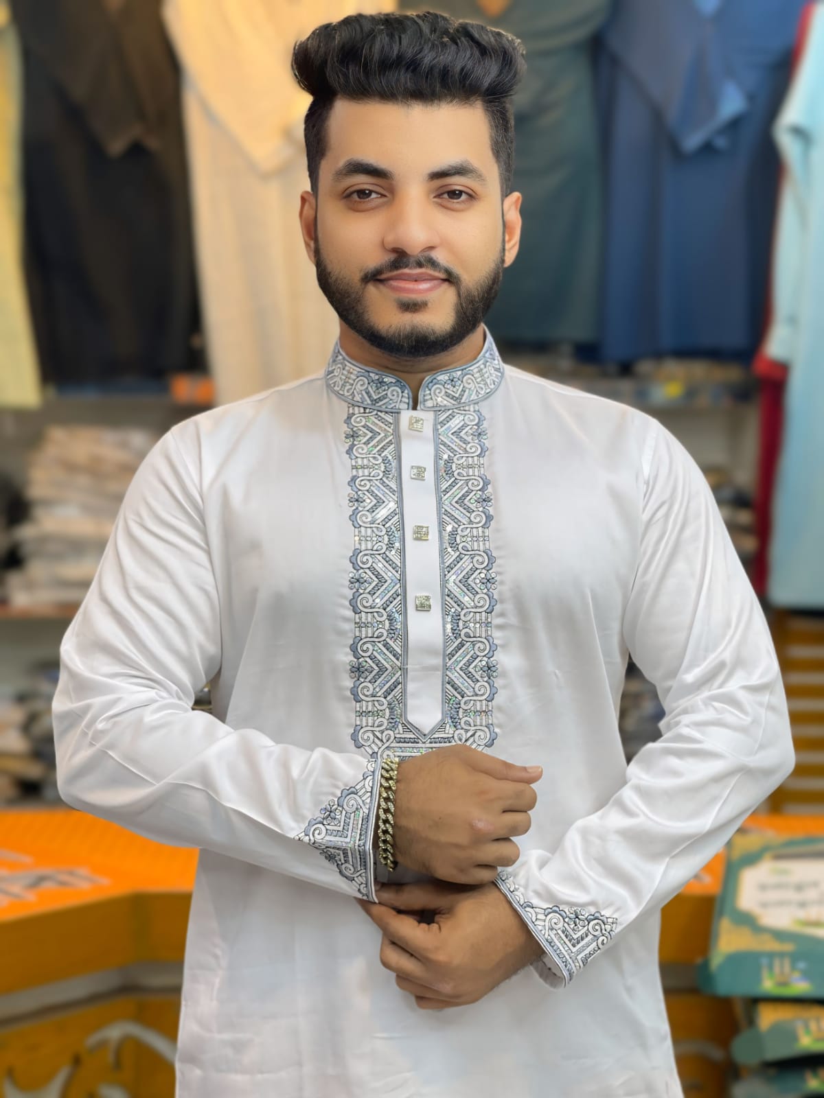 প্রিমিয়াম এমব্রয়ডারি সাটিন কটন পাঞ্জাবি - স্ন্যাপ বাটন ও মার্জিত ডিজাইন