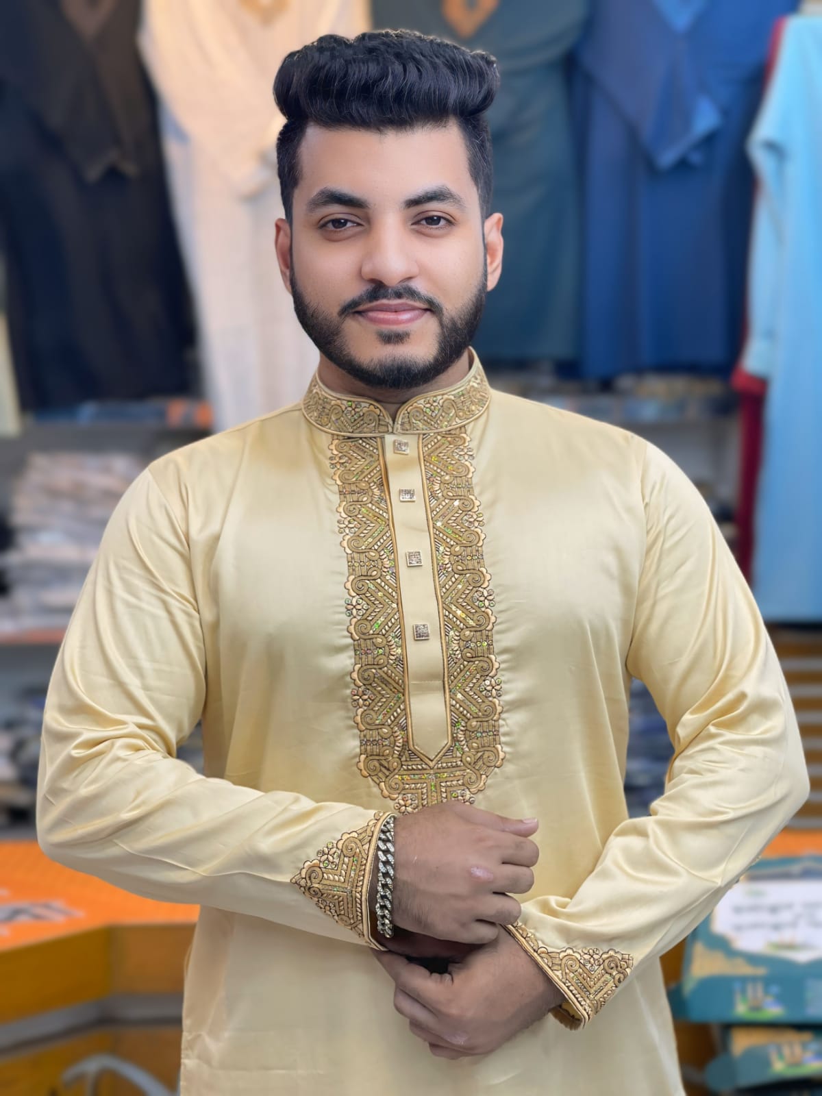 প্রিমিয়াম এমব্রয়ডারি সাটিন কটন পাঞ্জাবি - স্ন্যাপ বাটন ও মার্জিত ডিজাইন