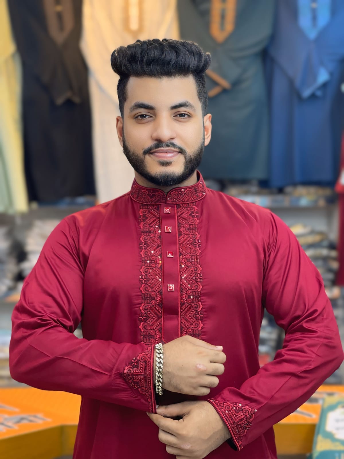 প্রিমিয়াম এমব্রয়ডারি সাটিন কটন পাঞ্জাবি - স্ন্যাপ বাটন ও মার্জিত ডিজাইন