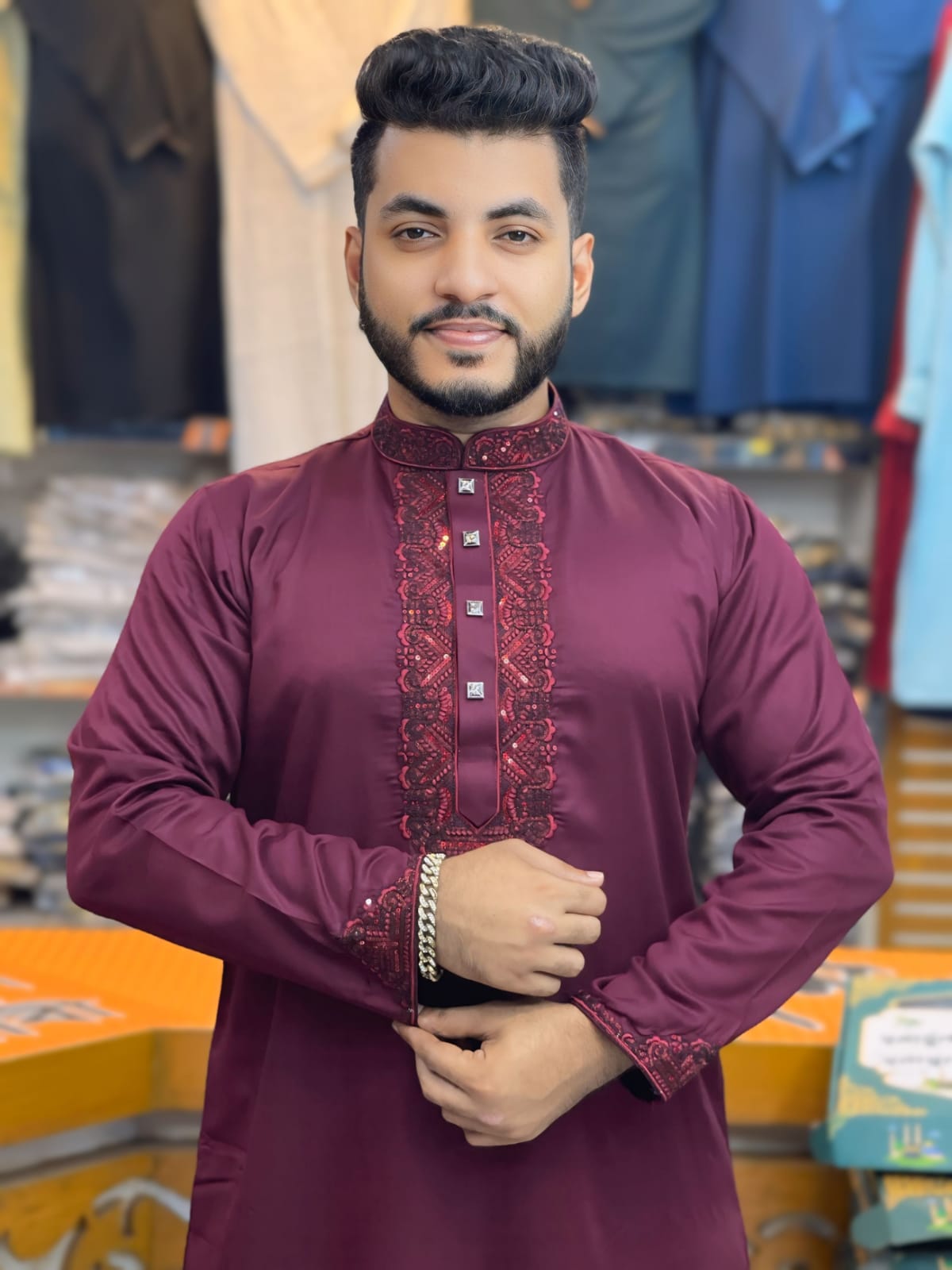 প্রিমিয়াম এমব্রয়ডারি সাটিন কটন পাঞ্জাবি - স্ন্যাপ বাটন ও মার্জিত ডিজাইন