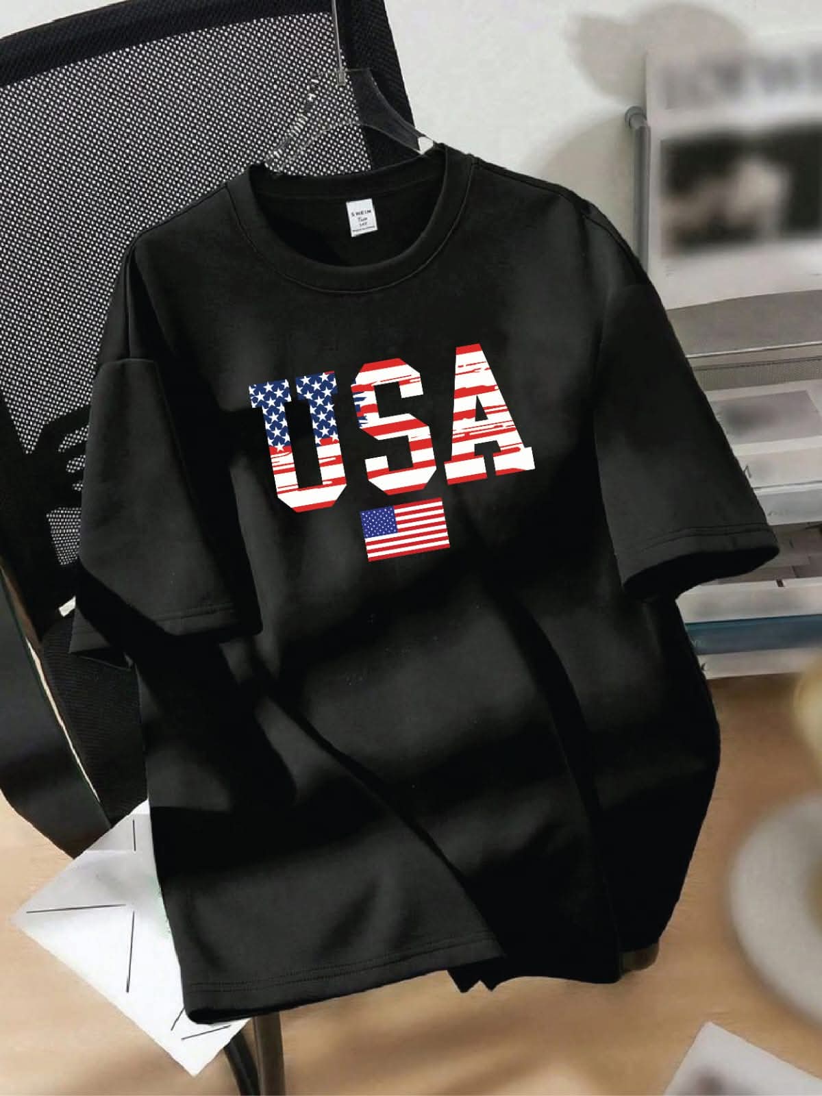 Premium USA Flag Print Drop Shoulder T-Shirt - Black