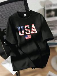 Premium USA Flag Print Drop Shoulder T-Shirt - Black