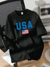 Premium USA Flag Print Drop Shoulder T-Shirt - Black