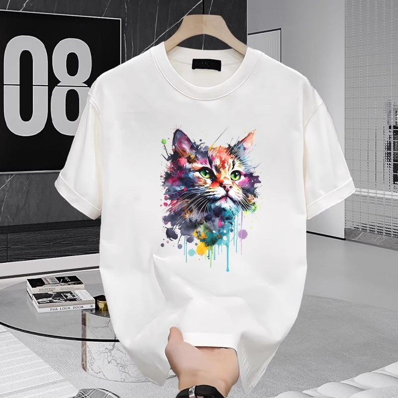 Colorful Artistic Cat Print White Drop Shoulder T-Shirt