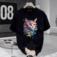 Colorful Artistic Cat Print White Drop Shoulder T-Shirt-White
