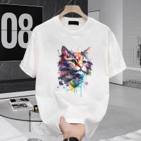 Colorful Artistic Cat Print White Drop Shoulder T-Shirt